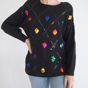 Leslie Fay Vintage Sequin Argyle Sweater Jewel Beads Whimsigoth Retro Glam 80s M